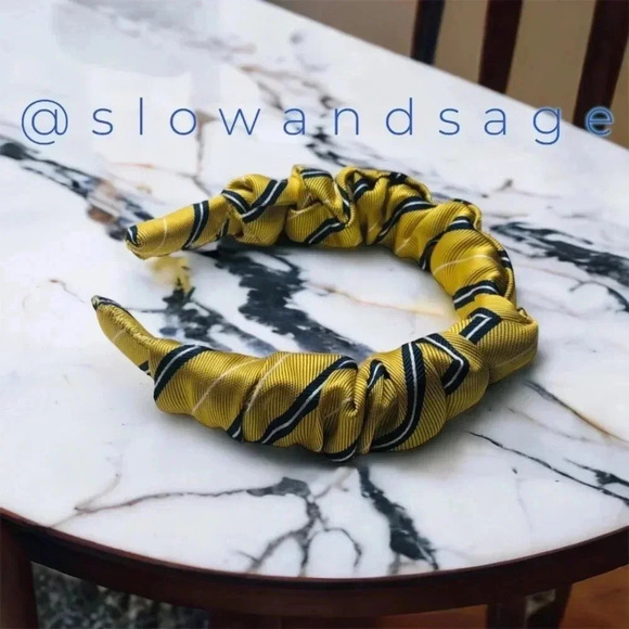 Yellow Striped Preppy Classic Crown Silk Handmade Headband Hair Accessory - Picture 5 of 10
